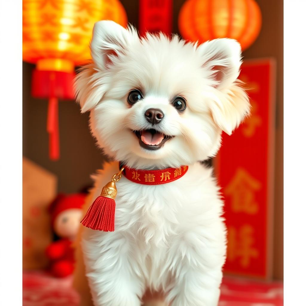 A cute little white dog, looking fluffy and joyful, wearing a vibrant red and gold collar to celebrate Chinese New Year