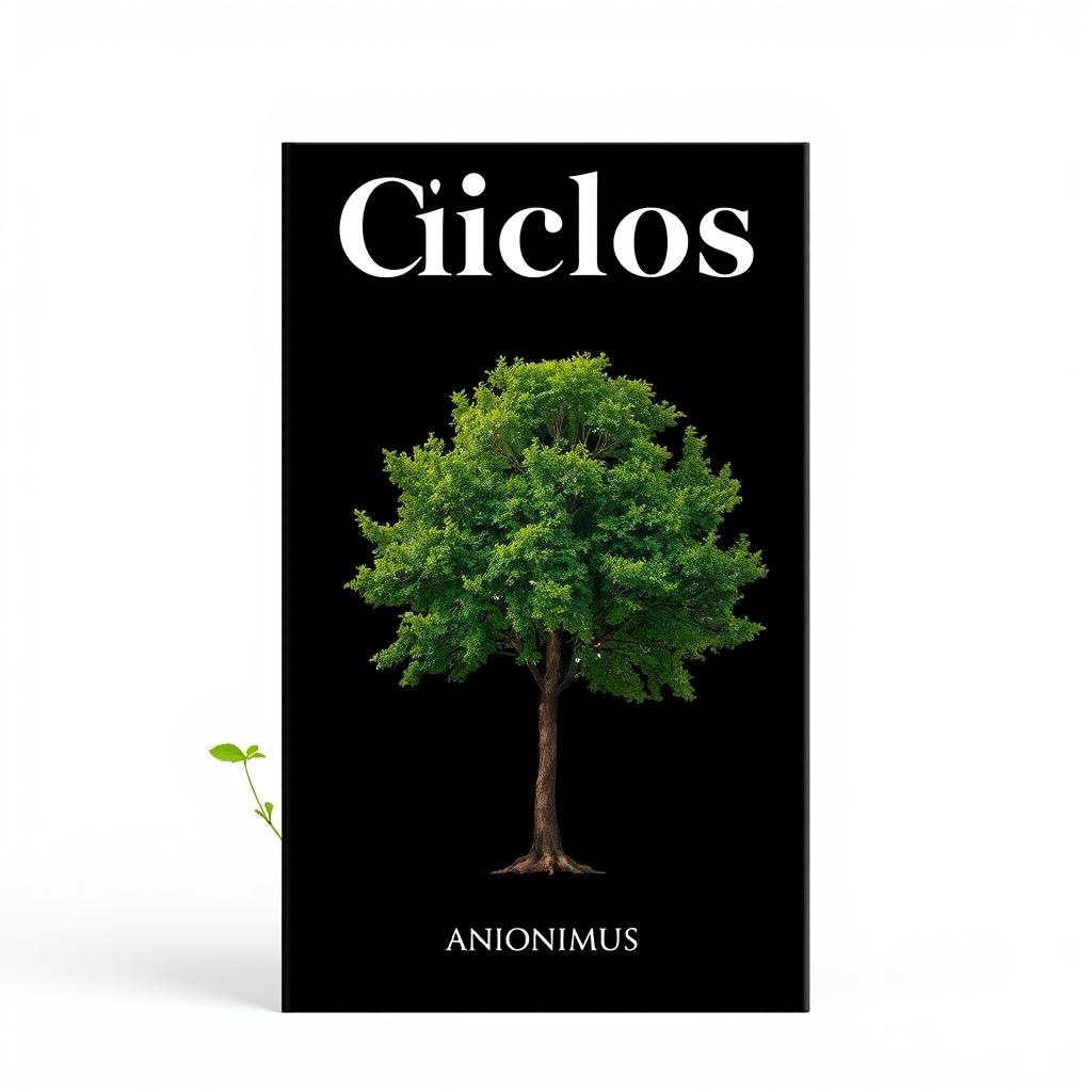 A full-screen book cover featuring a black background that emphasizes three trees: a vibrant green sapling, a majestic fully grown tree bursting with life, and a stark, lifeless dead tree