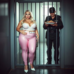 A full-length photograph of a sexy, stunningly beautiful, really fat 18-year-old girl with long blond hair and striking crystal blue eyes