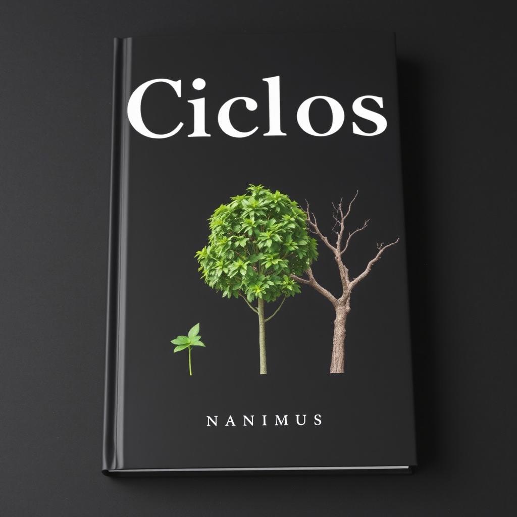 A full-image book cover featuring a black background that completely fills the design, showcasing three trees: a small, vibrant green sapling, a fully grown tree rich with green leaves, and a stark, lifeless dead tree
