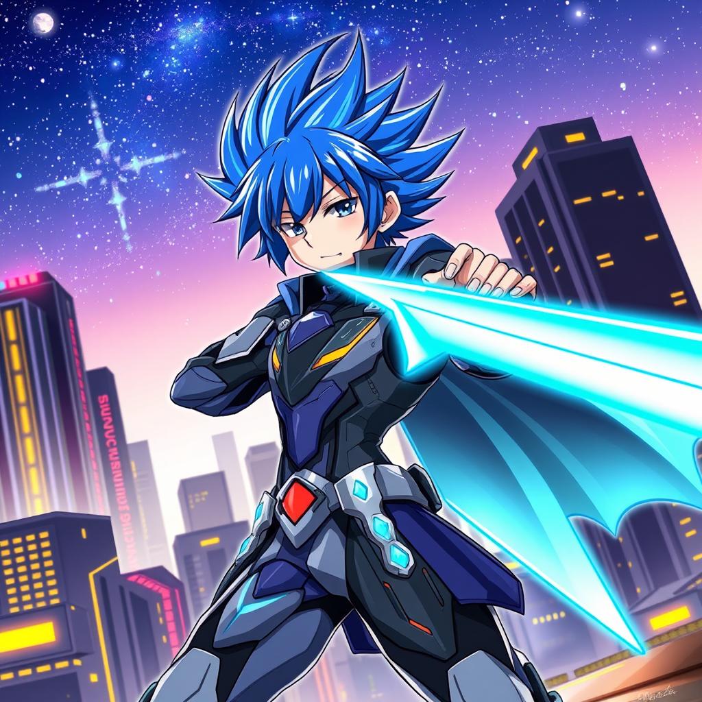 A dynamic anime character with vibrant blue hair styled in a spiky fashion, wearing a futuristic, armored outfit with glowing accents