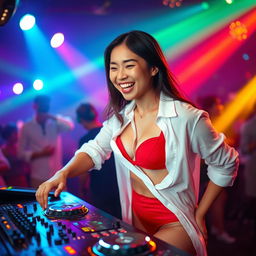 A beautiful Asian woman joyfully playing at a DJ board, wearing an open white shirt that reveals a red bra and red panties, her face radiating happiness and satisfaction