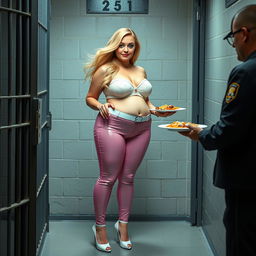 A full-length photograph of a sexy, stunningly beautiful, really fat 18-year-old girl with flowing blond hair and captivating crystal blue eyes