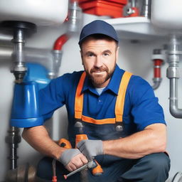 A professional plumber in work uniform, equipped with necessary tools and gears, working earnestly on a plumbing system.