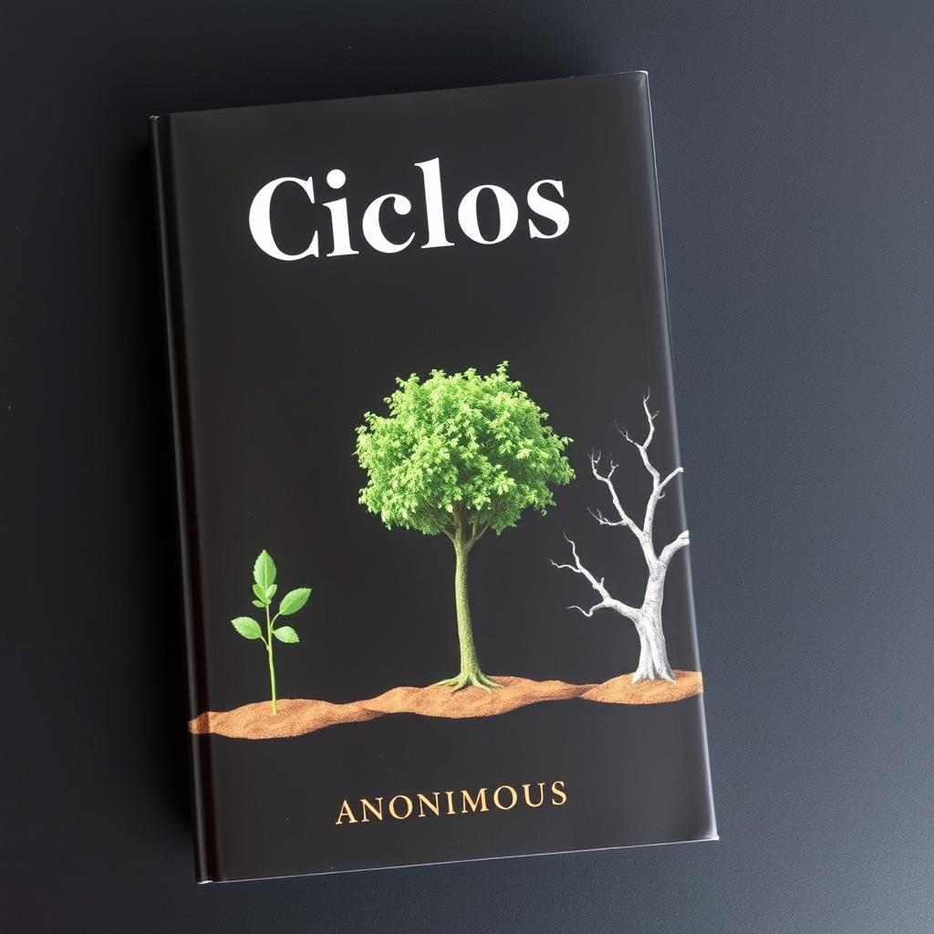 A book cover featuring a black background that showcases three trees: a small, lively green sapling, a robust, fully grown tree full of leafy branches, and a stark, lifeless dead tree