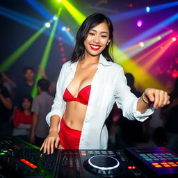 A beautiful Asian woman joyfully playing with a DJ board, wearing an open white shirt that reveals a stylish red bra and matching red panties