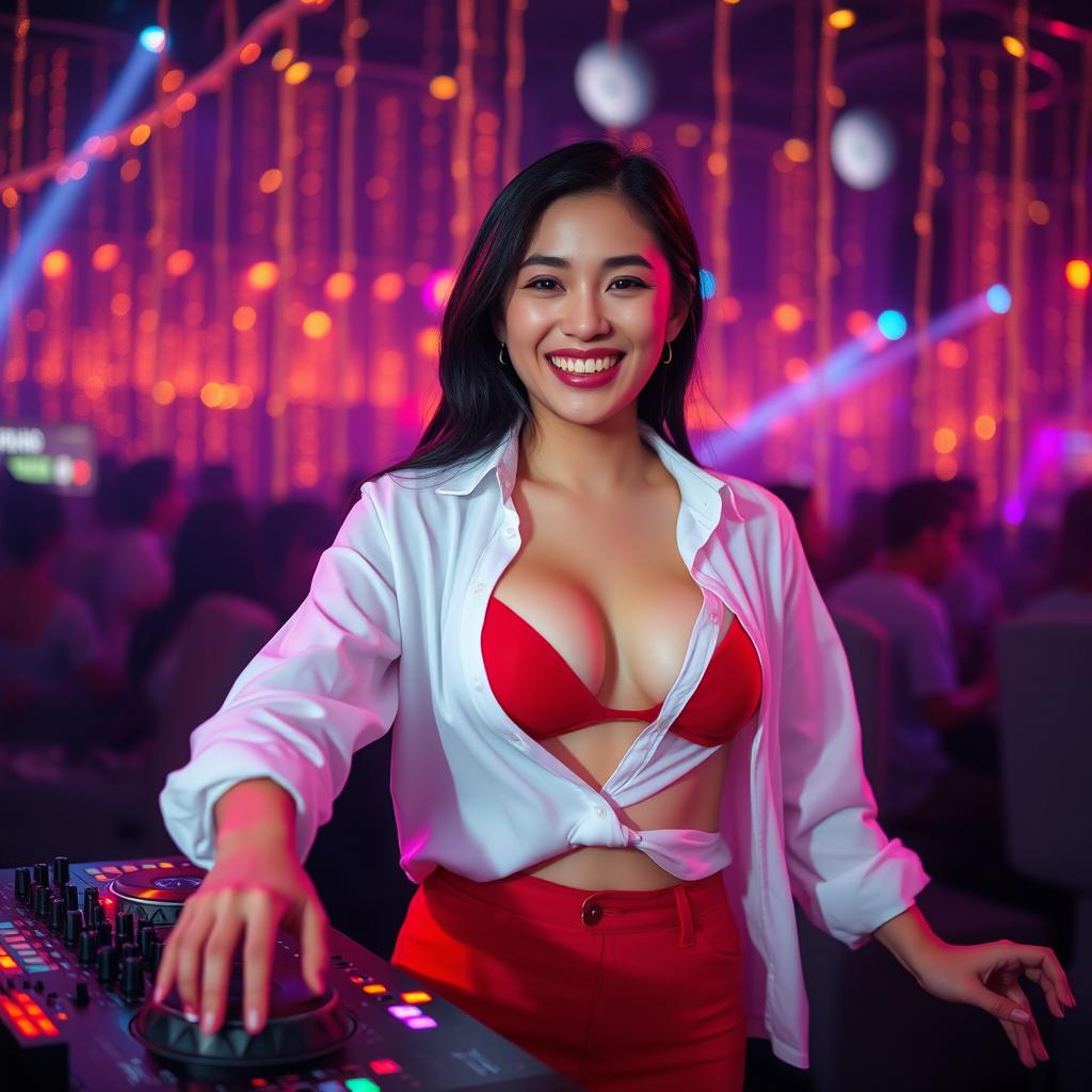 A beautiful Asian woman joyfully playing with a DJ board, wearing an open white shirt that reveals a stylish red bra and matching red panties