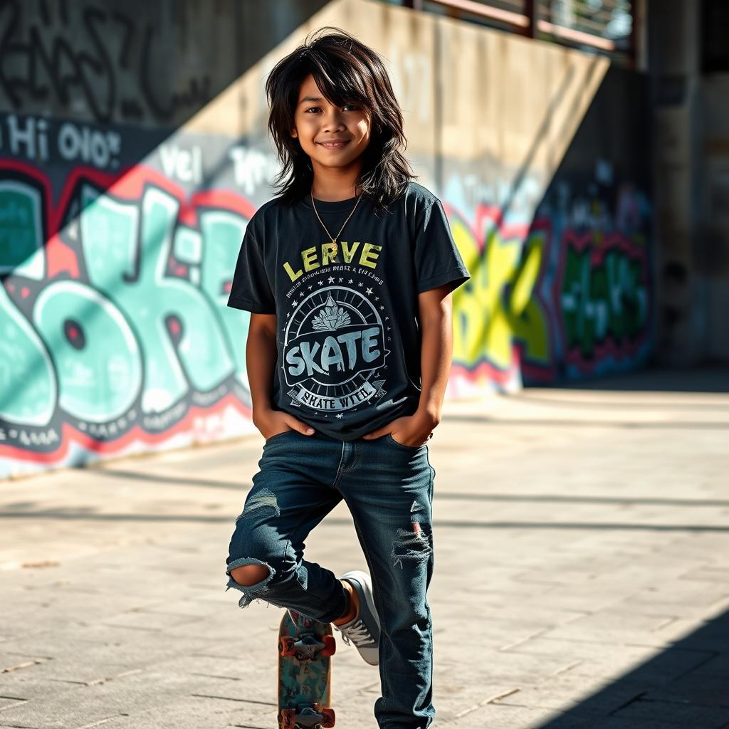 A cool Filipino skater boy posing confidently for a photoshoot in an urban setting