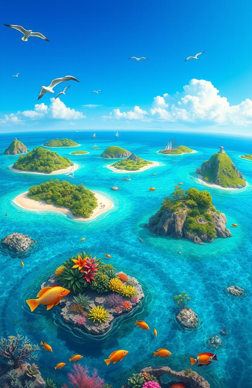 A vibrant and detailed illustration representing the unique conditions of an archipelagic area