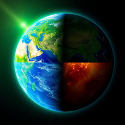 A stunning depiction of Earth viewed from outer space, split into two halves