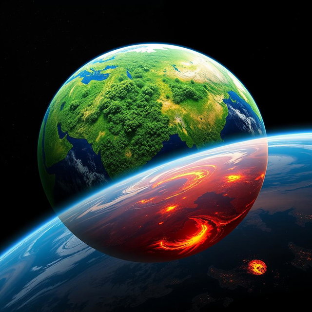 A stunning depiction of Earth viewed from outer space, split into two halves