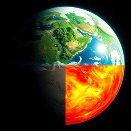 A stunning depiction of Earth viewed from outer space, split into two halves