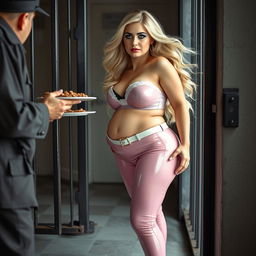 A full-length photograph of a sexy, stunningly beautiful, really fat 18-year-old girl with flowing blond hair and sparkling crystal blue eyes