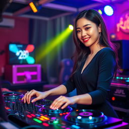 A beautiful Asian woman with a confident expression, skillfully playing music at a DJ setup in a vibrant DJ room