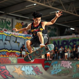 A dynamic Filipino skateboarder in action during a photoshoot at a lively skate park