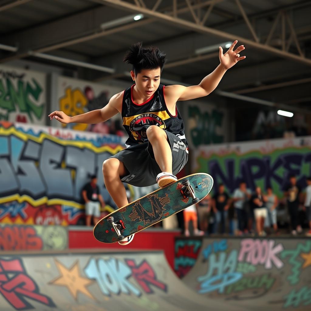 A dynamic Filipino skateboarder in action during a photoshoot at a lively skate park