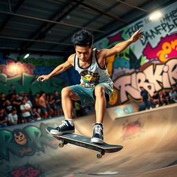 A dynamic Filipino skateboarder in action during a photoshoot at a lively skate park