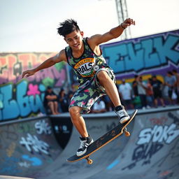 A dynamic Filipino skateboarder in action during a photoshoot at a lively skate park