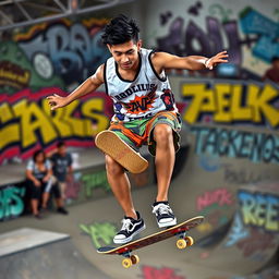 A dynamic Filipino skateboarder in action during a photoshoot at a lively skate park