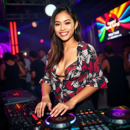 A beautiful Asian woman with a confident expression, playing music at a DJ setup in a lively DJ room, wearing a stylish bikini shirt that showcases her figure