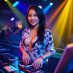 A beautiful Asian woman with a confident expression, playing music at a DJ setup in a lively DJ room, wearing a stylish bikini shirt that showcases her figure