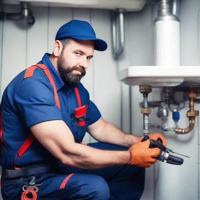 A professional plumber in work uniform, equipped with necessary tools and gears, working earnestly on a plumbing system.