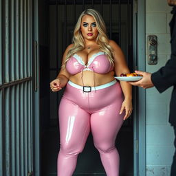 A full-length photograph of a sexy, stunningly beautiful, obese 18-year-old girl with long blond hair and striking crystal blue eyes