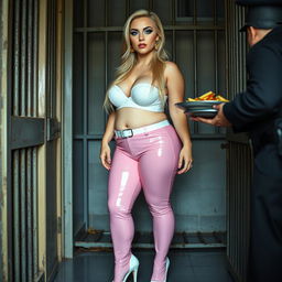 A full-length photograph of a sexy, stunningly beautiful, obese 18-year-old girl with long blond hair and striking crystal blue eyes