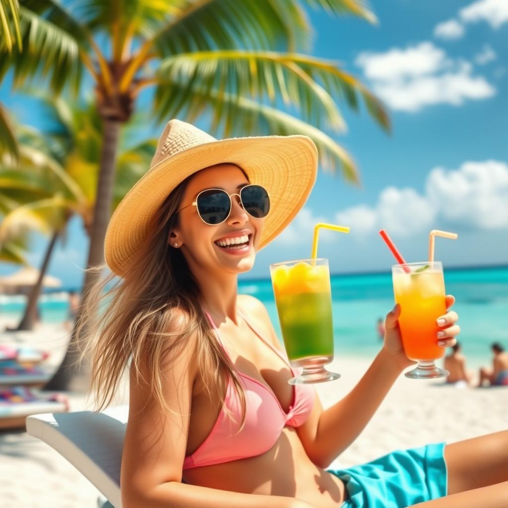 A joyful woman on holiday, wearing a vibrant beach hat and sunglasses, holding a tropical drink while relaxing on a sun lounger