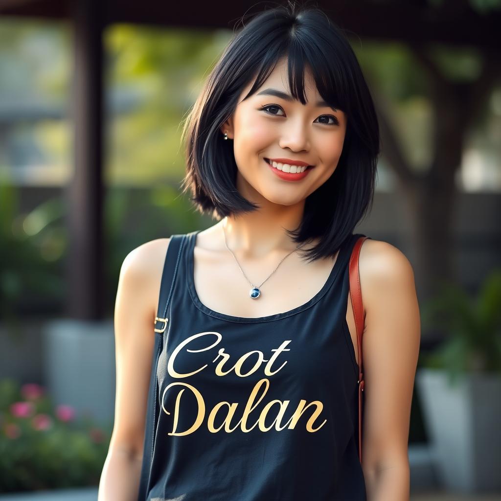 A captivating digital photograph of a 35-year-old Japanese woman wearing a stylish tank top featuring the elegant text "Crot Dalam" printed prominently