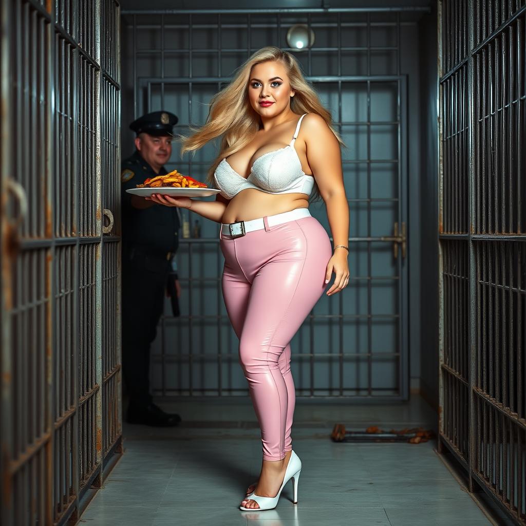 A full-length photograph of a sexy, stunningly beautiful, obese 18-year-old girl with flowing blond hair and radiant crystal blue eyes