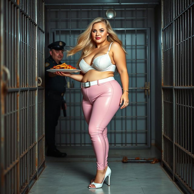 A full-length photograph of a sexy, stunningly beautiful, obese 18-year-old girl with flowing blond hair and radiant crystal blue eyes