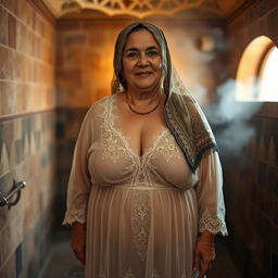 A 70-year-old Turkish woman with a plump and curvy figure, dressed in a beautifully intricate veiled hijabi headscarf