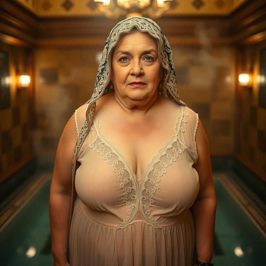 A 70-year-old Turkish woman with a plump and curvy figure, dressed in a beautifully intricate veiled hijabi headscarf