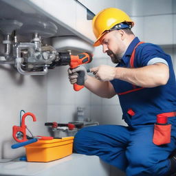 A professional plumber in work uniform, equipped with necessary tools and gears, working earnestly on a plumbing system.