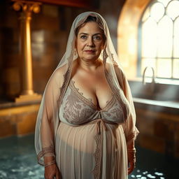A 70-year-old Turkish woman with a plump and curvy figure, dressed in a beautifully intricate veiled hijabi headscarf