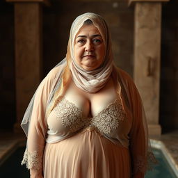 A 70-year-old Turkish woman with a plump and curvy figure, dressed in a beautifully intricate veiled hijabi headscarf