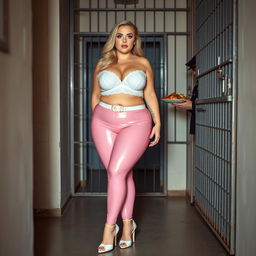 A full-length photograph of a sexy, stunningly beautiful, obese 18-year-old girl with luxurious blond hair and mesmerizing crystal blue eyes