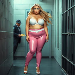 A full-length photograph of a sexy, stunningly beautiful, obese 18-year-old girl with flowing blond hair and captivating crystal blue eyes