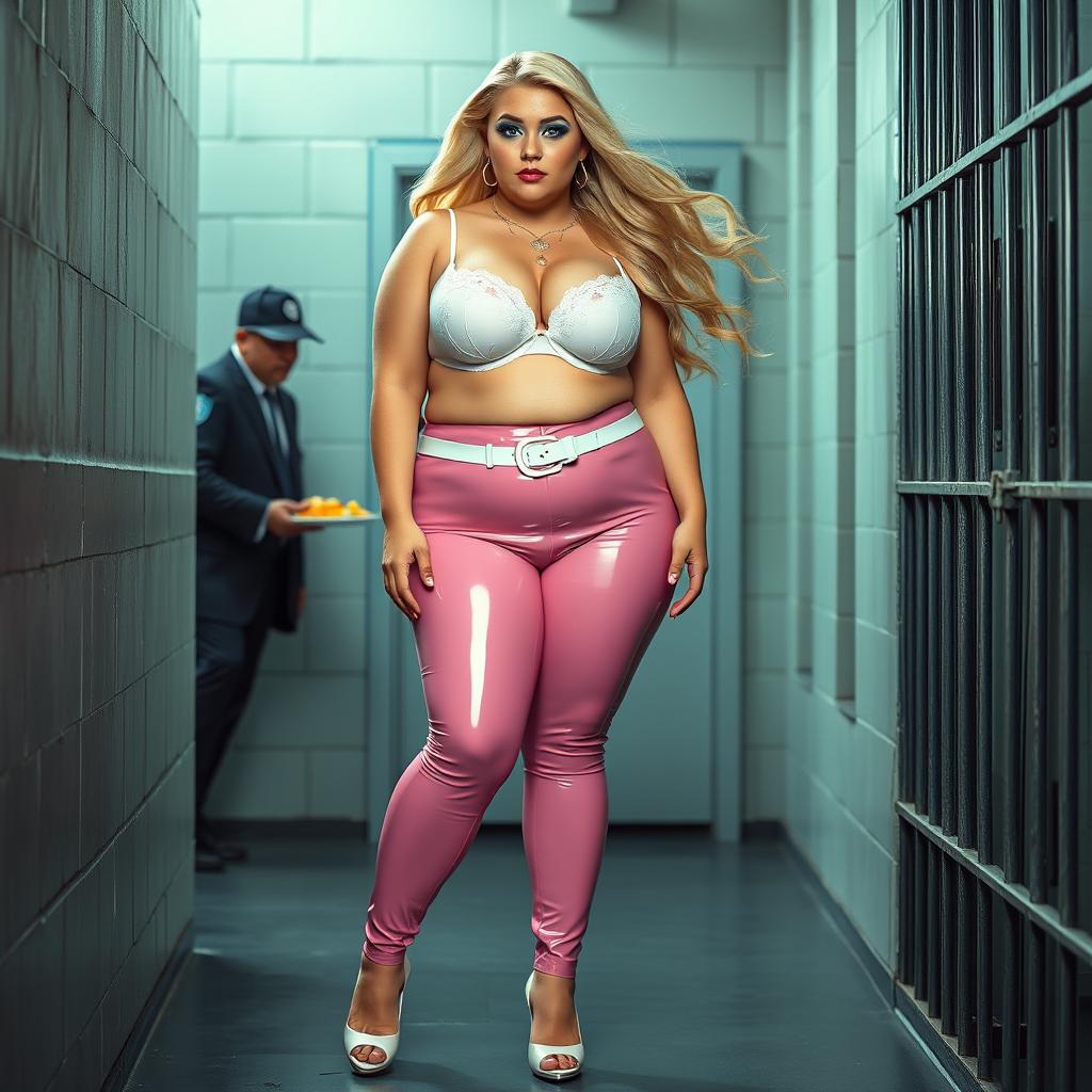 A full-length photograph of a sexy, stunningly beautiful, obese 18-year-old girl with flowing blond hair and captivating crystal blue eyes