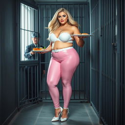 A full-length photograph of a sexy, stunningly beautiful, obese 18-year-old girl with flowing blond hair and captivating crystal blue eyes