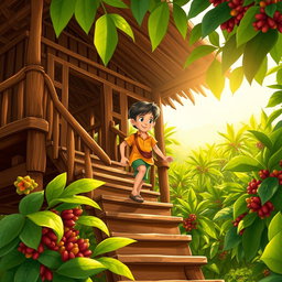 An illustrated novel cover featuring a young boy climbing the wooden stairs of a traditional Sumatra stilt house, surrounded by lush coffee plantations in the background