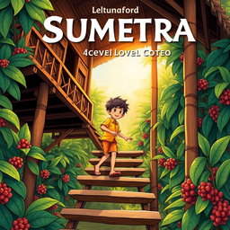 An illustrated novel cover featuring a young boy climbing the wooden stairs of a traditional Sumatra stilt house, surrounded by lush coffee plantations in the background