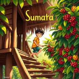 An illustrated novel cover featuring a young boy climbing the wooden stairs of a traditional Sumatra stilt house, surrounded by lush coffee plantations in the background
