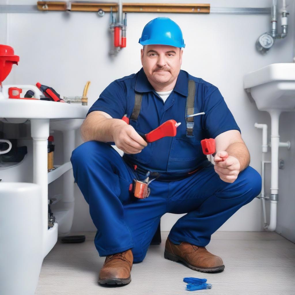 A professional plumber in work uniform, equipped with necessary tools and gears, working earnestly on a plumbing system.