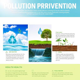 An informative poster showcasing environmental pollution prevention methods for air, water, and soil