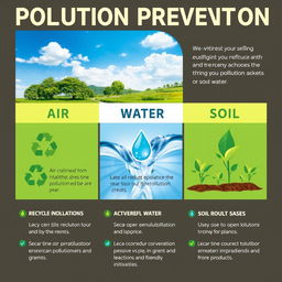 An informative poster showcasing environmental pollution prevention methods for air, water, and soil