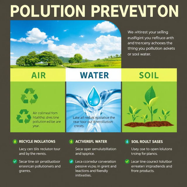 An informative poster showcasing environmental pollution prevention methods for air, water, and soil