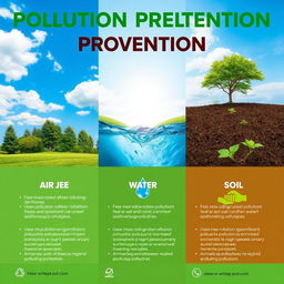 An informative poster showcasing environmental pollution prevention methods for air, water, and soil