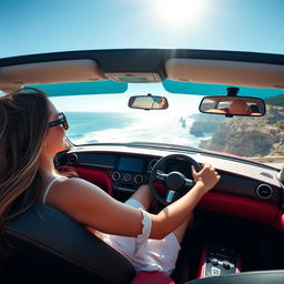 A confident woman driving a sleek red convertible through a scenic coastal road